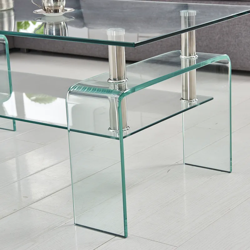 Rectangle Clear Glass Coffee Table, Modern Glass Coffee Table For Living Room, 2 Tier Storage Center