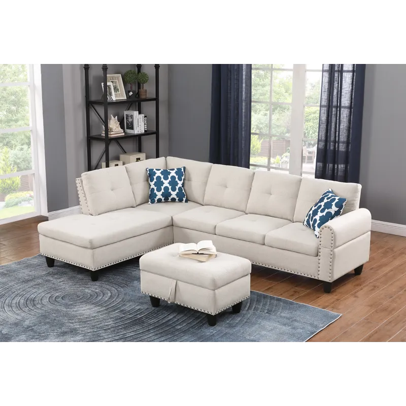 Alger - 98\" Wide Left Hand Facing Sofa & Chaise With Ottoman - Beige