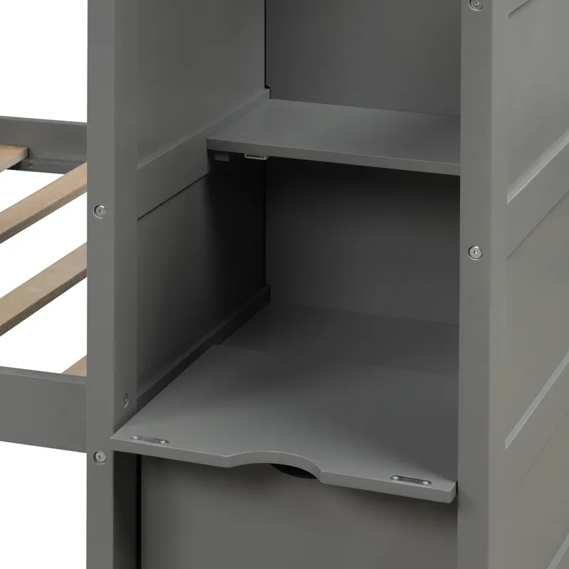 Twin Over Full / Twin Bunk Bed, Convertible Bottom Bed, Storage Shelves And Drawers - Gray