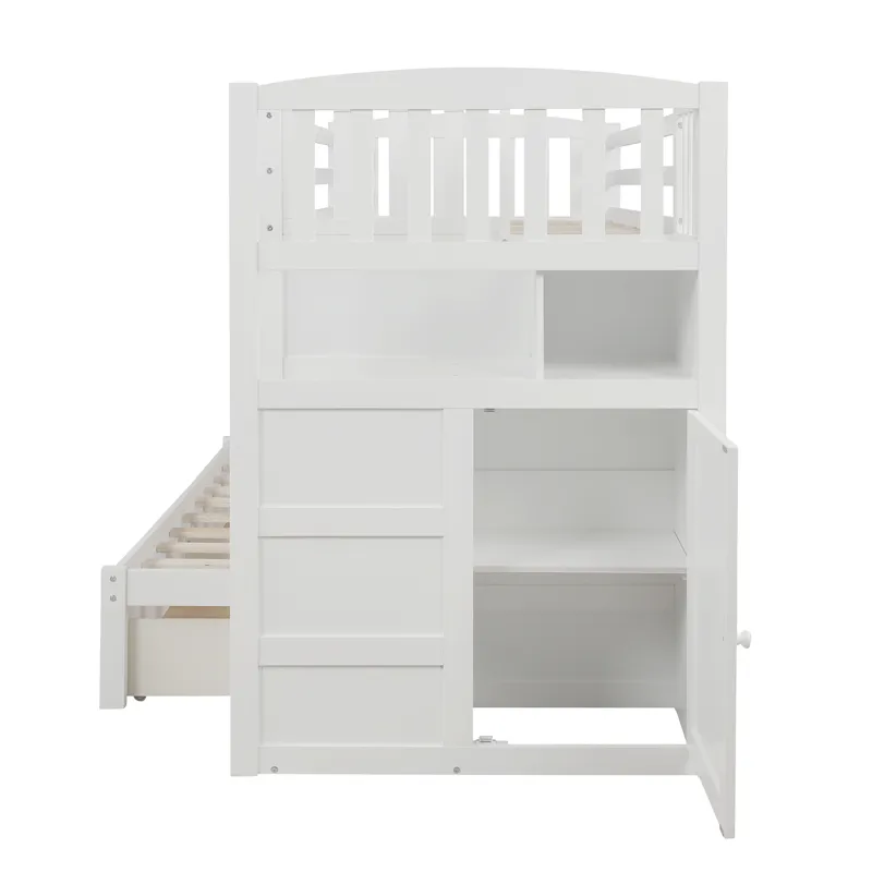 Twin Over Full / Twin Bunk Bed, Convertible Bottom Bed, Storage Shelves And Drawers - White