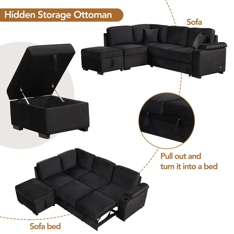 Sleeper Sofa Bed, 2 In 1 Pull Out Sofa Bed L-Shape Couch With Storage Ottoman For Living Room, Bedro