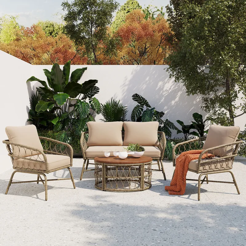 Bohemia-Inspired 4 Person Outdoor Seating Group With Removable Cushions, Conversation Patio Set With