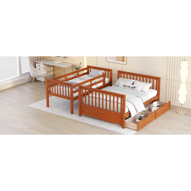 Twin Over Full Bunk Bed With Ladders And Two Storage Drawers - Walnut