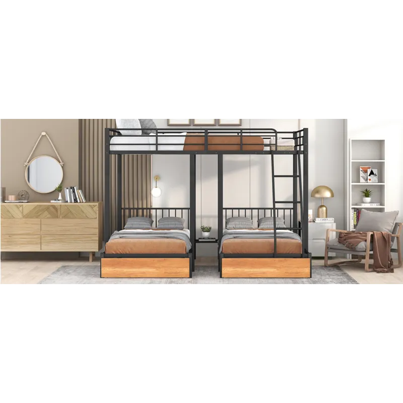 Full Over Twin & Twin Bunk Bed, Metal Triple Bunk Bed With Drawers And Guardrails - Black