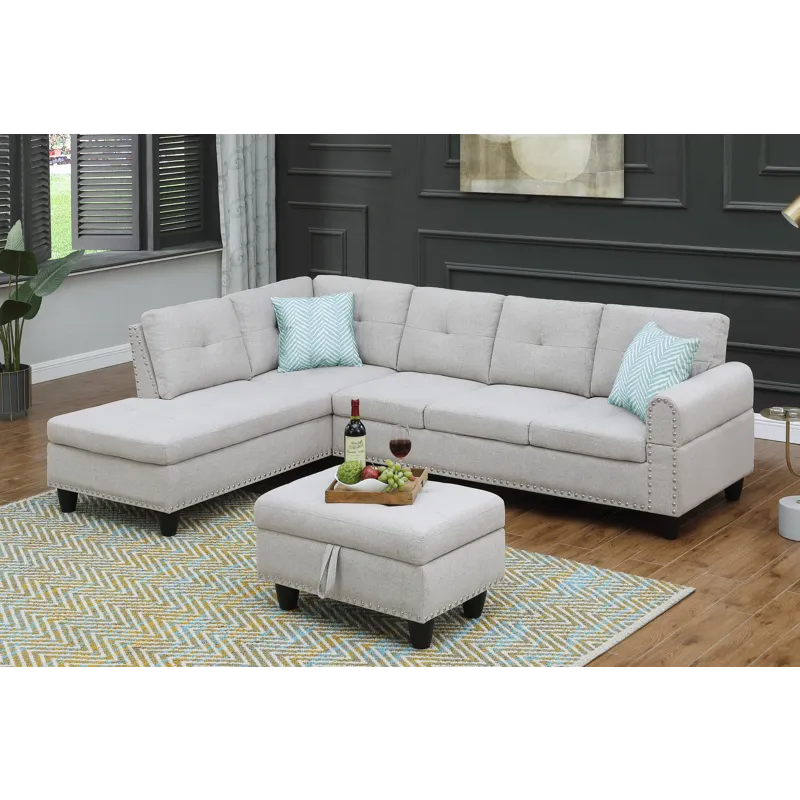 Alger - 98" Wide Left Hand Facing Sofa & Chaise With Ottoman - Light Gray