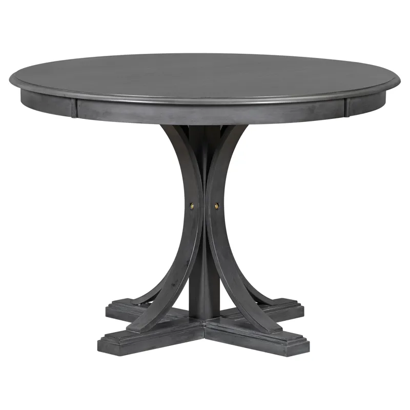 5 Piece Retro Round Dining Table Set With Curved Trestle Style Table Legs And 4 Upholstered Chairs F