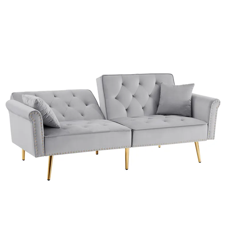Velvet Tufted Sofa Couch With 2 Pillows And Nailhead Trim - Light Gray