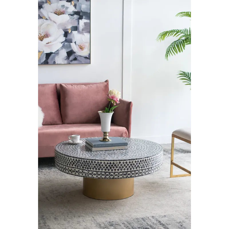 Unique Capiz Coffee Table With Pedestal Base - Gray / Ivory / Gold