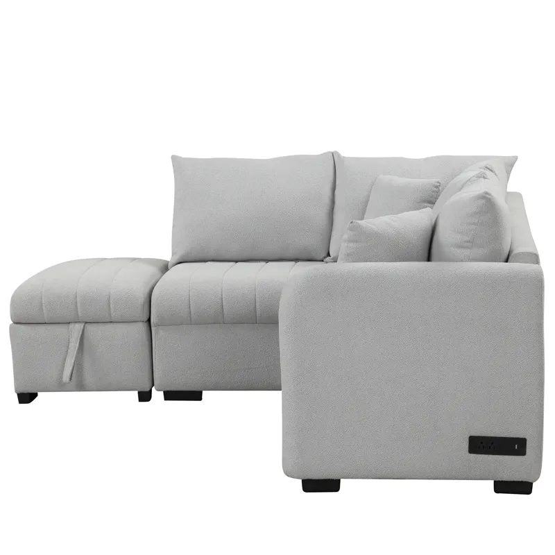 L-Shaped Sectional Pull Out Sofa Bed Sleeper Sofa With Two USB Ports, Two Power Sockets And A Movabl