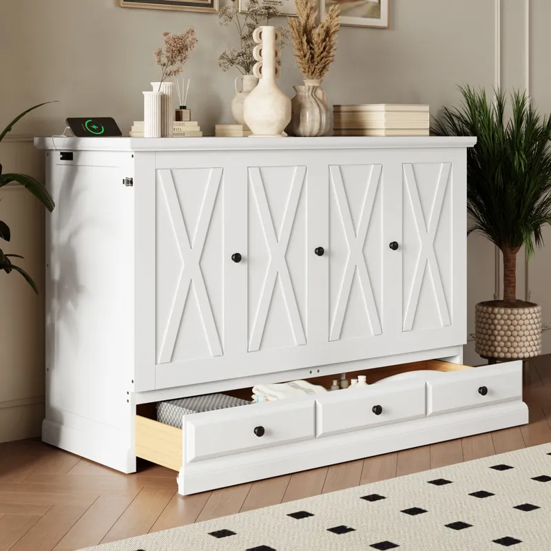 Queen Solid Pine Murphy Bed Chest Cube Cabinet Bed With Charging Station And Large Storage Drawer Fo