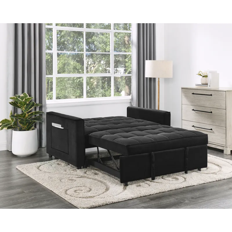 Maeve - 53.5\"W Black Velvet Convertible Sleeper Loveseat With Tufting and Side Pocket