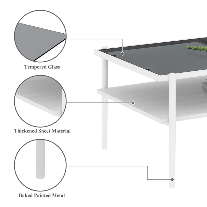 Rectangle Coffee Table With Tempered Glass Top And White Legs, Modern Table For Living Room - Gray