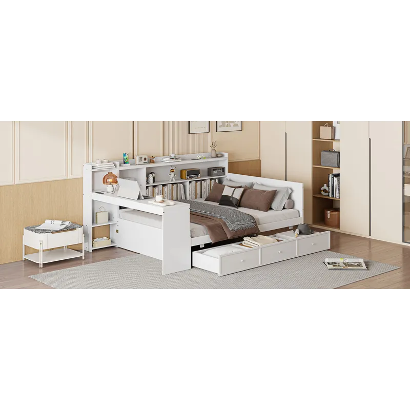 Full Size Wooden Daybed With 3 Drawers, USB Ports And Desk - White