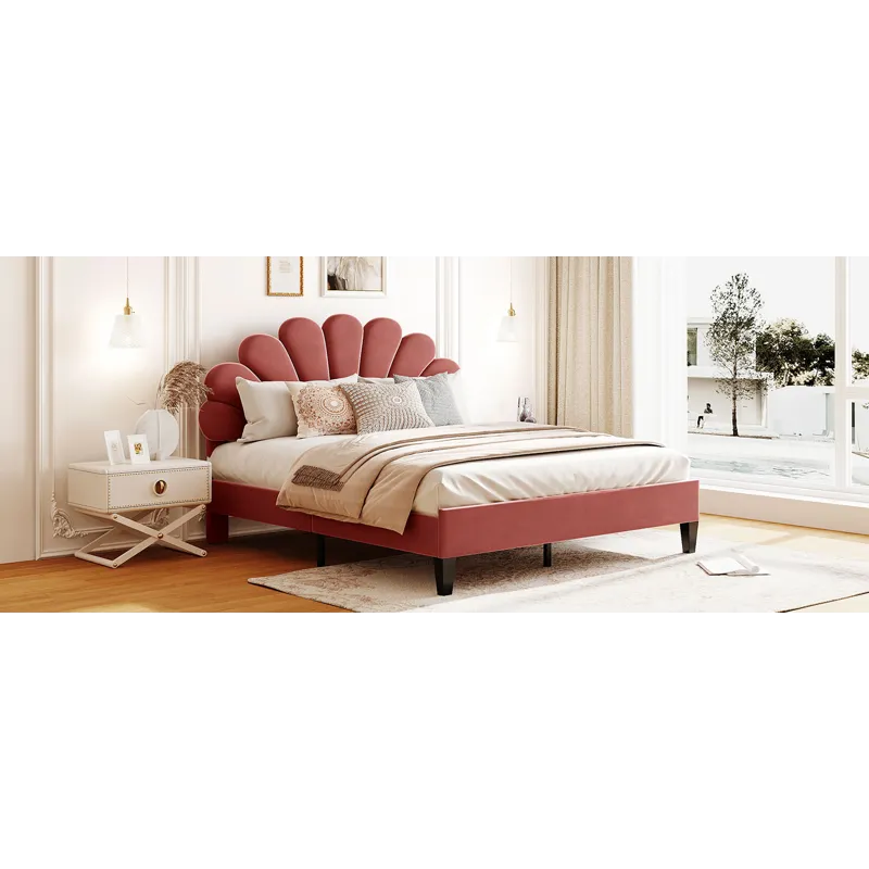Queen Size Upholstered Platform Bed With Flower Pattern Velvet Headboard - Bean Paste Red