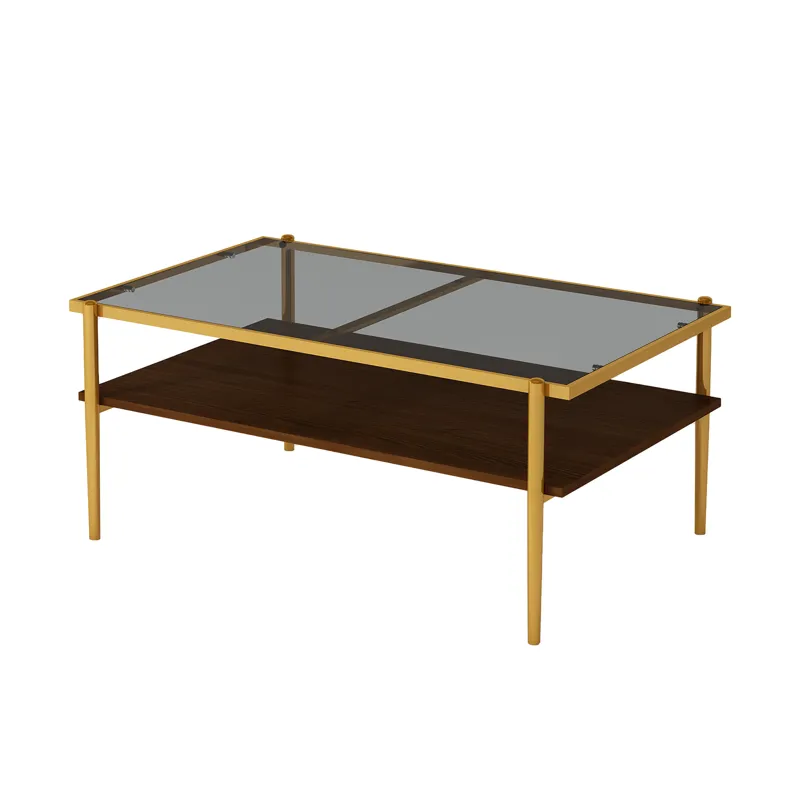 Rectangle Coffee Table With Tempered Glass Top, Modern Table For Living Room - Gray / Gold
