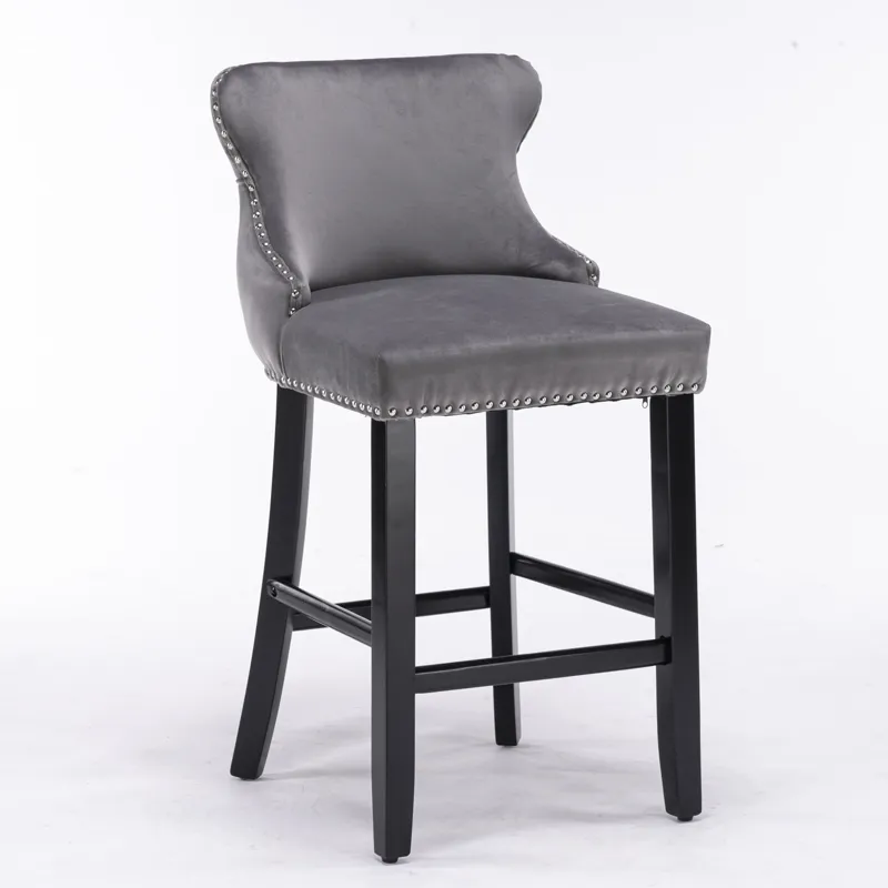 Contemporary Velvet Upholstered Wing-Back Barstools With Button Tufted Decoration And Wooden Legs, A