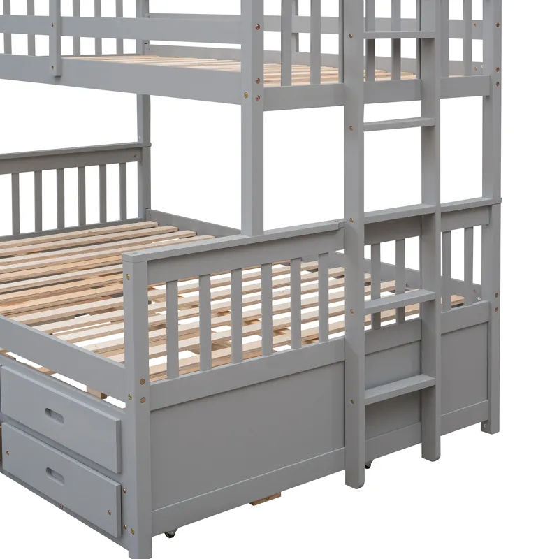 Twin Over Full Bunk Bed With Twin Size Trundle, Separable Bunk Bed With Drawers For Bedroom - Gray