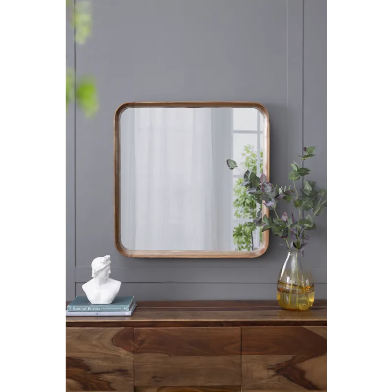 Square Mirror With Wood Frame, Wall Mirror For Living Room Bathroom Entryway - Brown