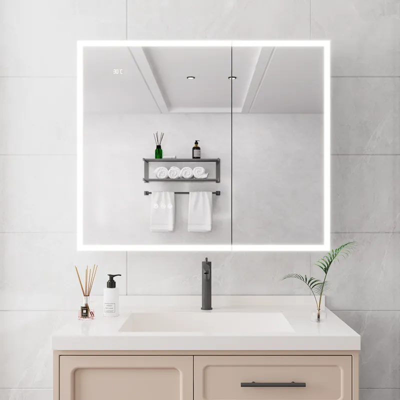 Bathroom Medicine Cabinet With Lights, 36×30" LED Medicine Cabinet With Mirror, Double Door Lighted Medicine Cabinet With Defogger, Dimmer, Clock & Temp Display, 2 Outlets & USB Ports - Silver