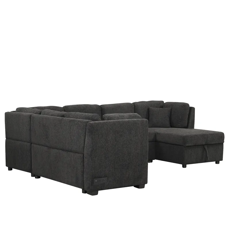 U-Shaped Sectional Sofa Pull Out Sofa Bed With Two USB Ports, Two Power Sockets, Three Back Pillows 