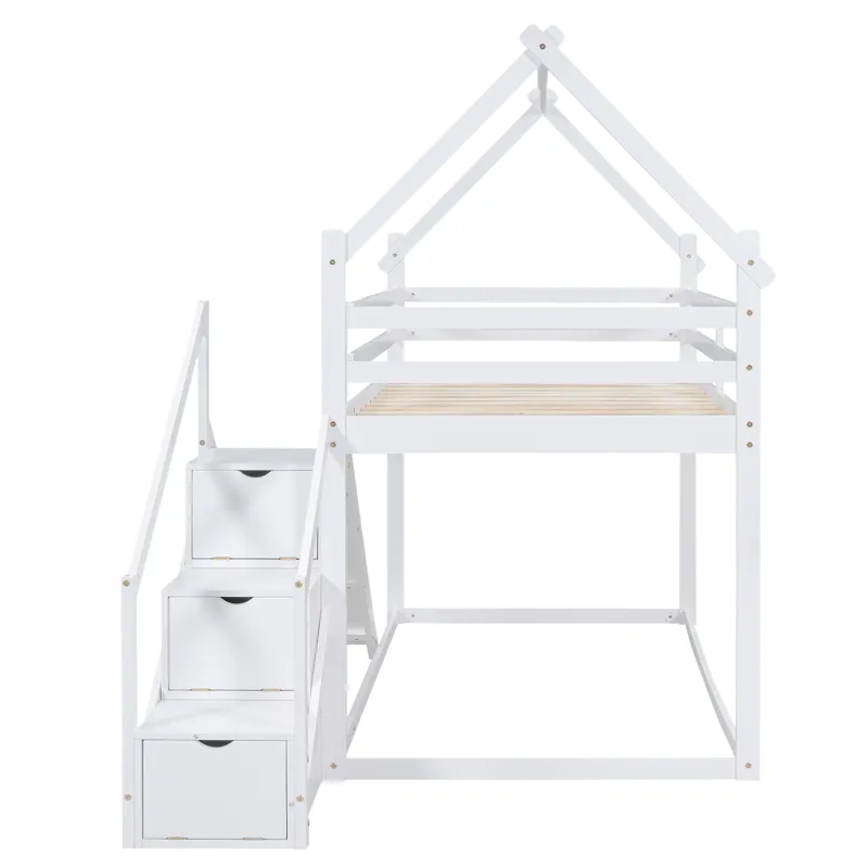 Twin Over Twin House Loft Or Bunk Bed With Slide And Staircase - White