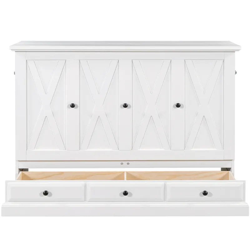 Queen Solid Pine Murphy Bed Chest Cube Cabinet Bed With Charging Station And Large Storage Drawer Fo