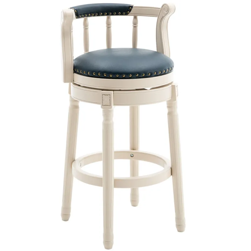 26\'\' Leather Wooden Bar Stool - Cream / Blue