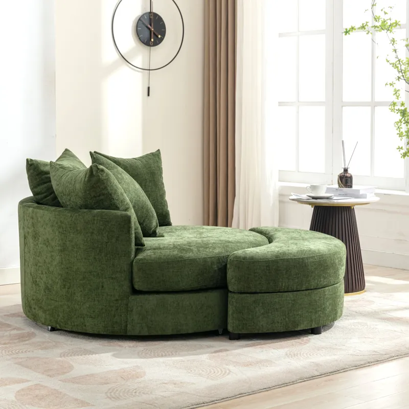 360° Swivel Accent Barrel Chair With Storage Ottoman & 4 Pillows, Modern Chenille Leisure Chair Roun
