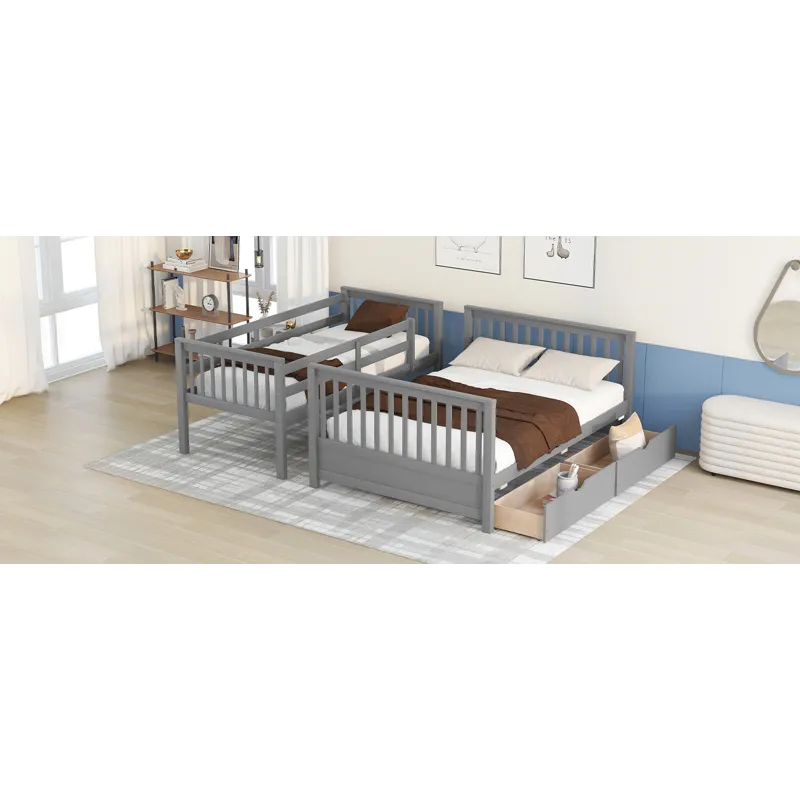 Twin Over Full Bunk Bed With Ladders And Two Storage Drawers - Gray