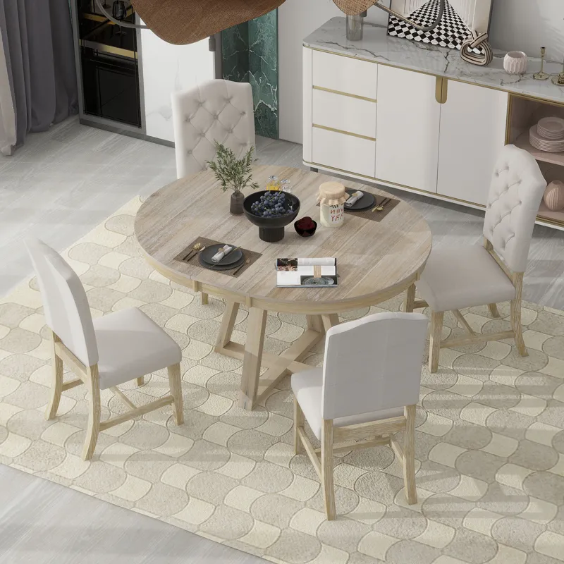 5 Piece Retro Functional Dining Set, Round Table With Leaf And 4 Upholstered Chairs For Dining Room 