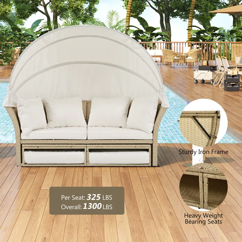 Outdoor Patio Daybed Wicker Rattan Double Daybed Round Sofa Furniture Set With Retractable Canopy, 4