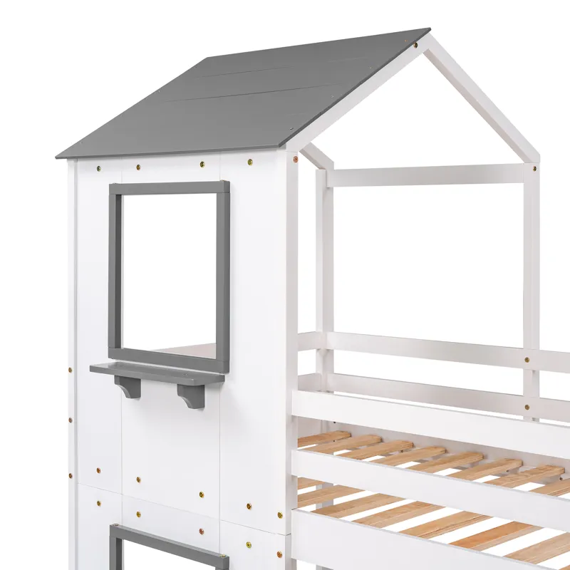 Twin Over Twin Bunk Bed Wood Bed & Roof, Window, Guardrail, Ladder - White