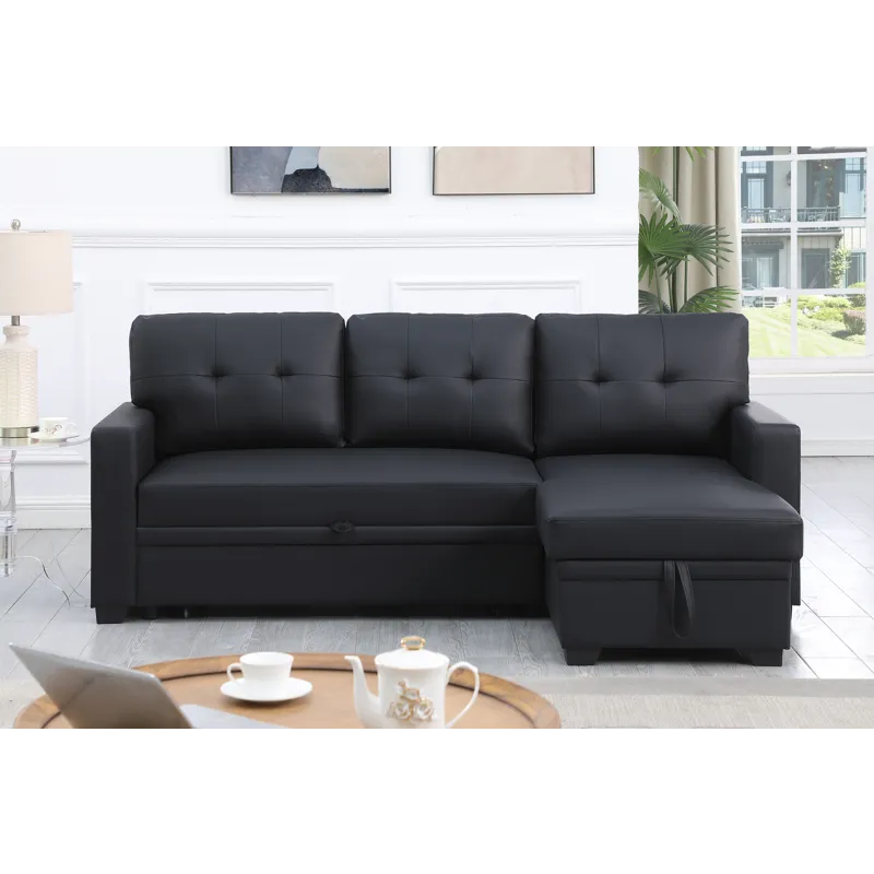 Upholstered Pull Out Sectional Sofa With Chaise - Black