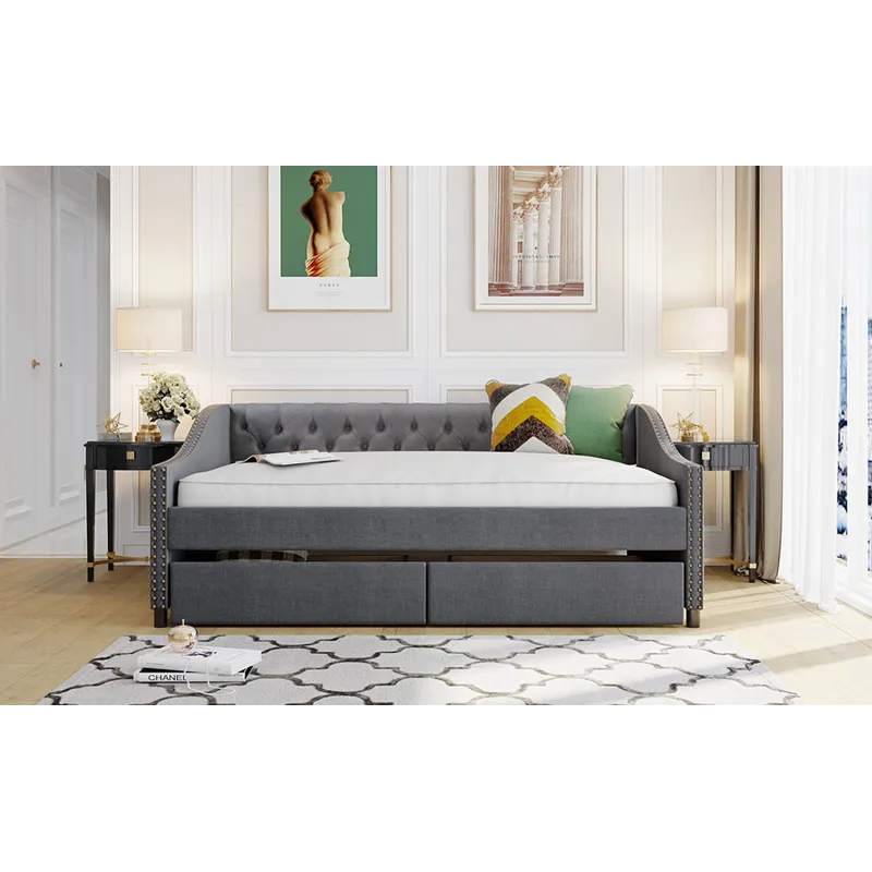 Full Size Upholstered Daybed With Two Drawers, Wood Slat Support - Gray
