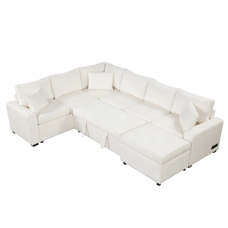 Sectional Sofa Pull-Out Sofa Bed Sleeper With A Storage Ottoman, Three Pillows And Charging Devices 