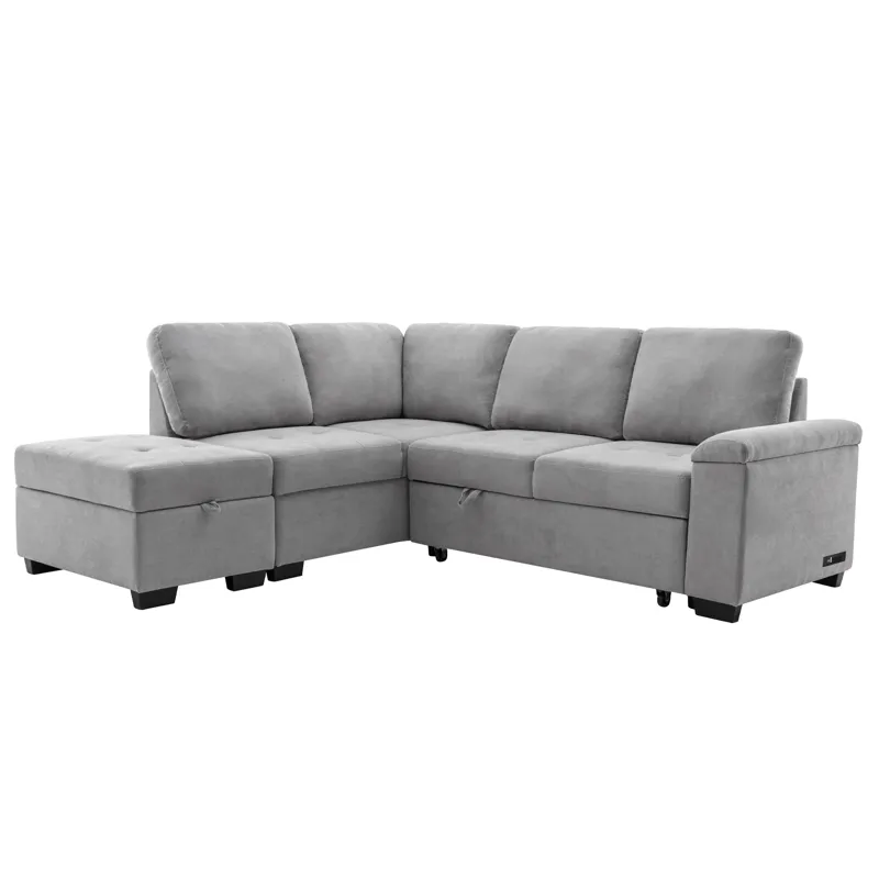 Sleeper Sectional Sofa, L-Shape Corner Couch Sofa - Bed With Storage Ottoman & Hidden Arm Storage & 
