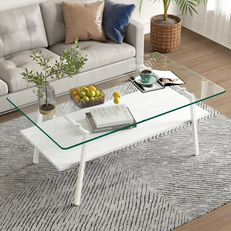 Rectangle Coffee Table, Tempered Glass Tabletop With Metal Legs, Modern Table For Living Room - Tran