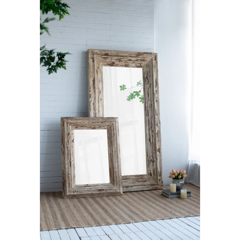 Full Length Rectangle Floor Mirror With Distressed Wood Frame - Brown