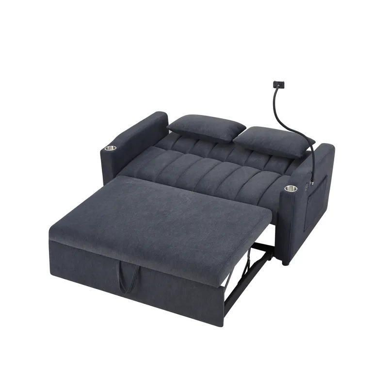 Convertible Sofa Bed Loveseat Sofa With Three USB Ports, Two Side Pockets, Two Cup Holders And 360° 