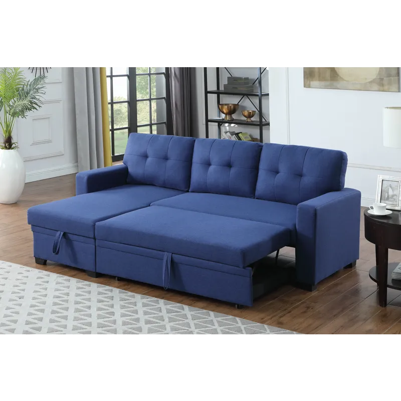 Upholstered Pull Out Sectional Sofa With Chaise - Blue