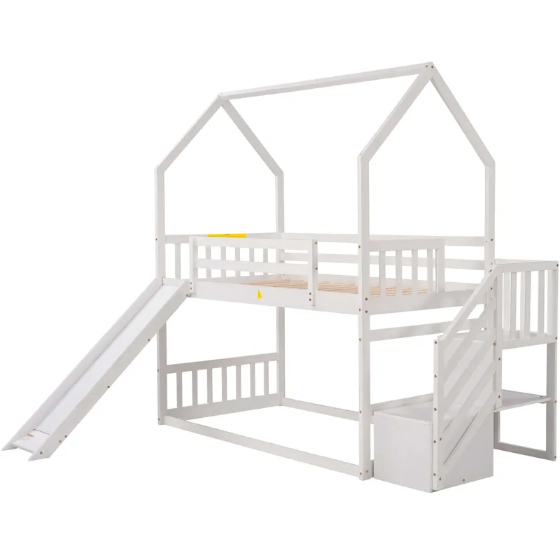 Twin Over Twin House Bunk Bed With Convertible Slide, Storage Staircase - White