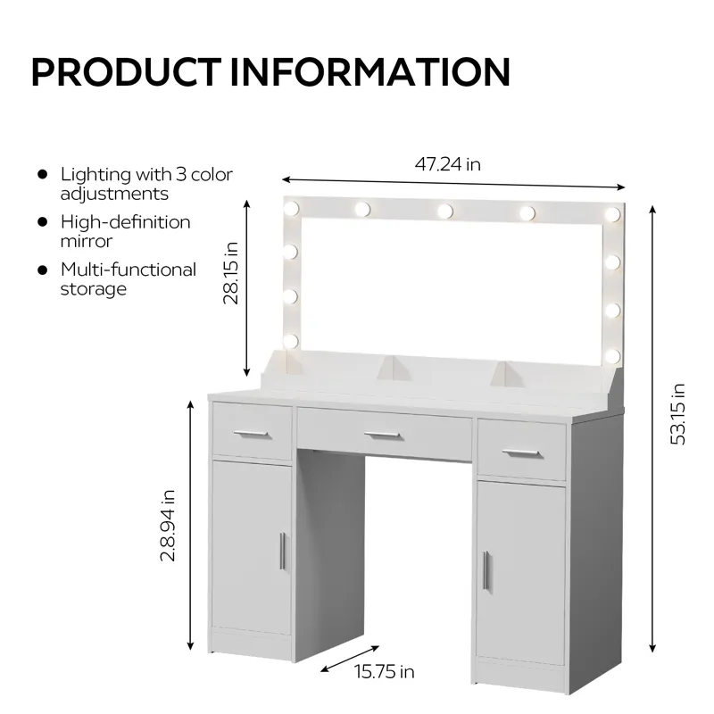 47.2" Vanity Desk With Large Mirror, 3 Colour Lighting Modes, Adjustable Brightness, Dresser With 3 Drawers & 2 Vertical Cabinets, Makeup Vanity Table For Women & Girls - White