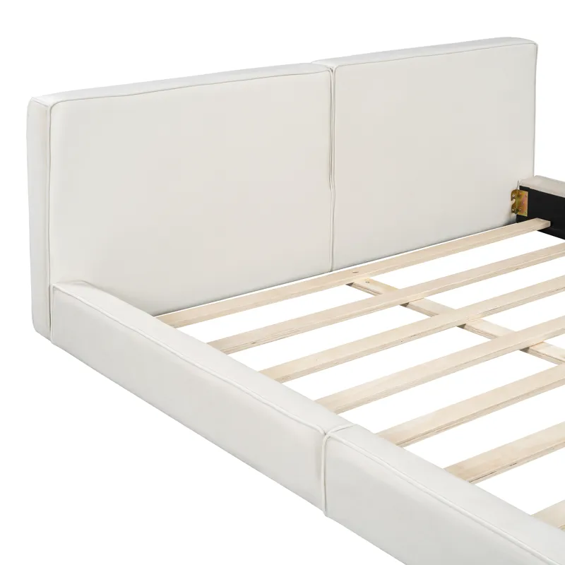 Queen Size Upholstered Platform Bed With , Grounded Bed With Solid Frame - Beige