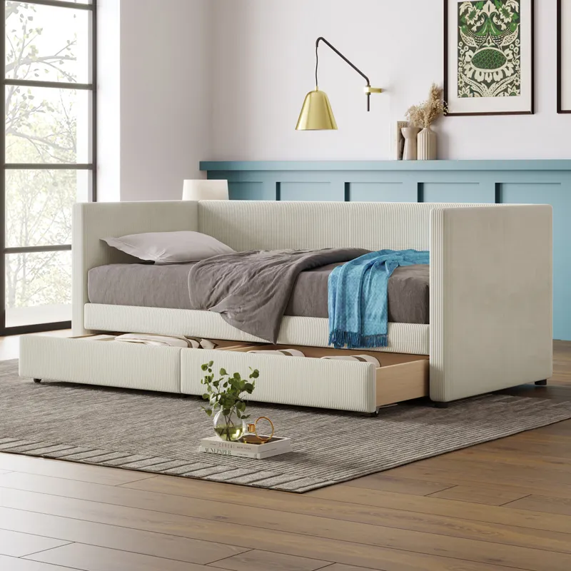 Twin Size Corduroy Daybed With Two Drawers And Wood Slat - Beige
