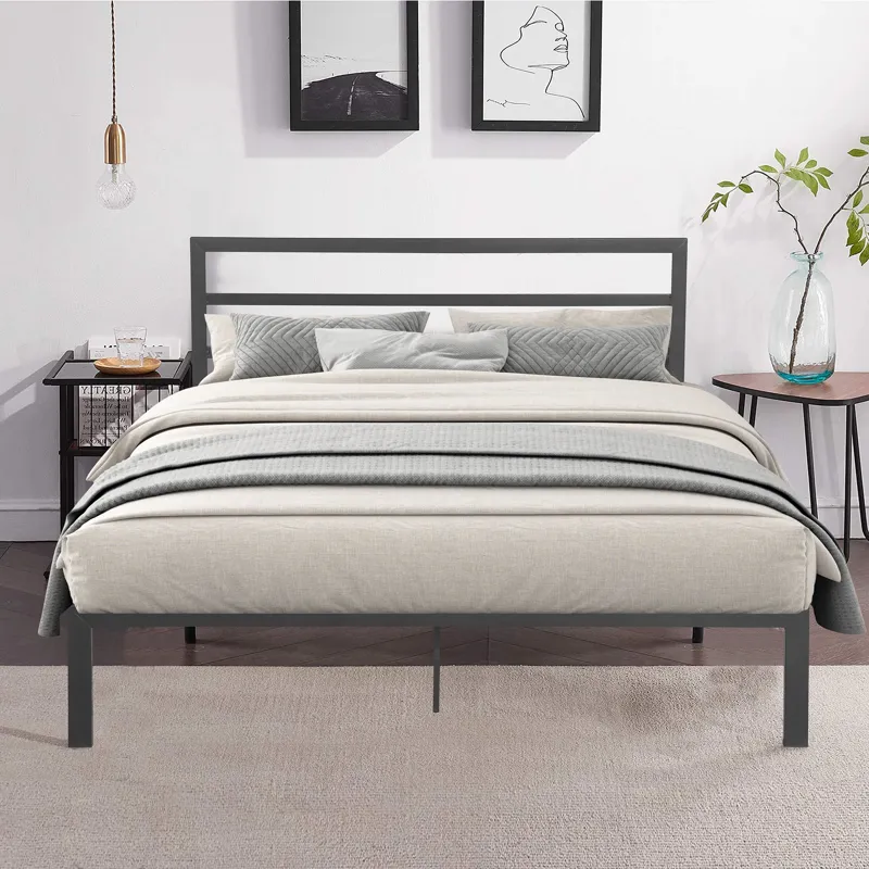 Queen Metal Bed Frame With Headboard - Charcoal Gray