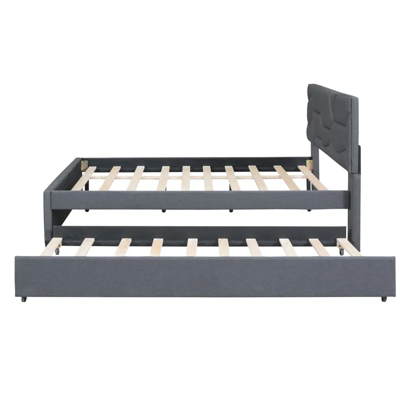 Full Size Upholstered Platform Bed With Brick Pattern Headboard And Twin Size Trundle, Linen - Gray