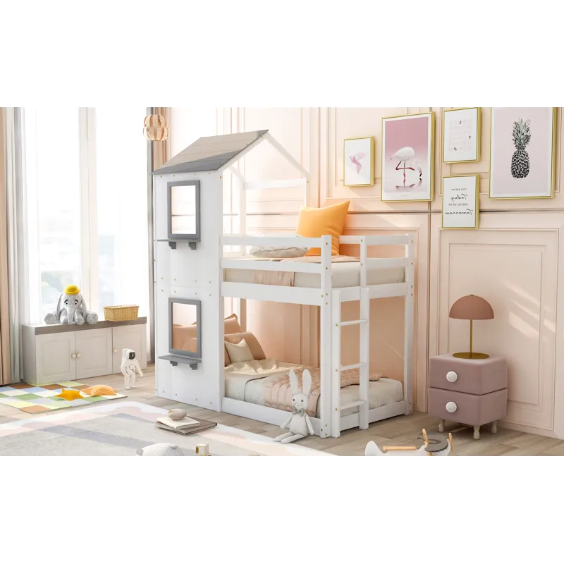 Twin Over Twin Bunk Bed Wood Bed & Roof, Window, Guardrail, Ladder - White