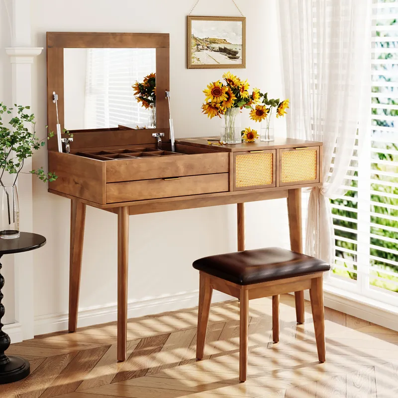 Classic Wood Makeup Vanity Set With Flip-Top Mirror And Stool, Dressing Table With Three Drawers And