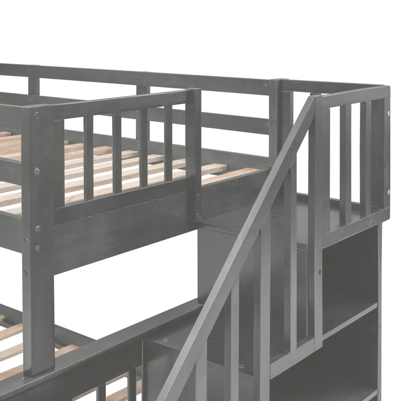 Twin Over Full Stairway Bunk Bed With Drawer, Storage And Guard Rail For Bedroom, Dorm, For Adults -