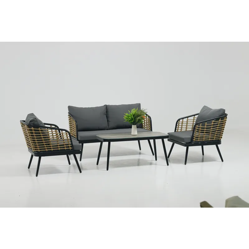 4 Pieces Patio Furniture Set, PE Rattan Wicker With Washable Cushion And Tempered Glass Tabletop, Co